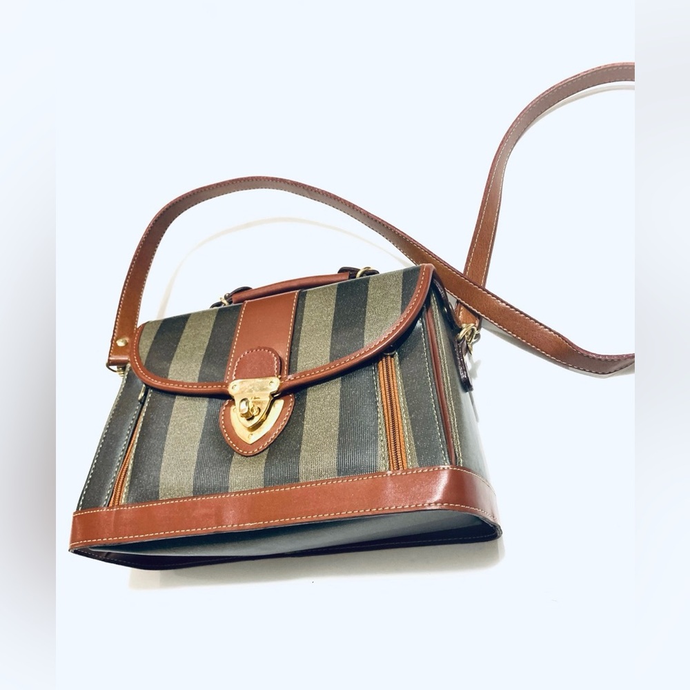 1980’s Vintage Structured Shoulder Bag - Striped Black, Grey and Brown - Picture 8 of 11